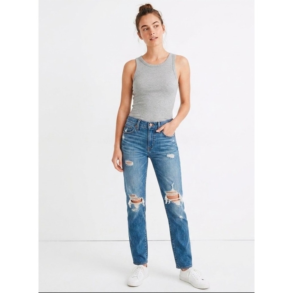 Madewell Boyjean Distressed Relaxed Tapered Jeans Medium Indigo Size 27 30x29